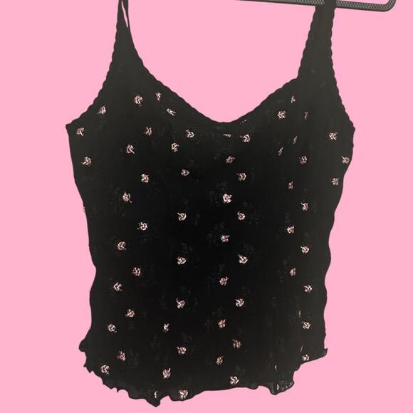 Papillon Blanc 90s Black lace cami with pink floral details - Picture 1 of 6